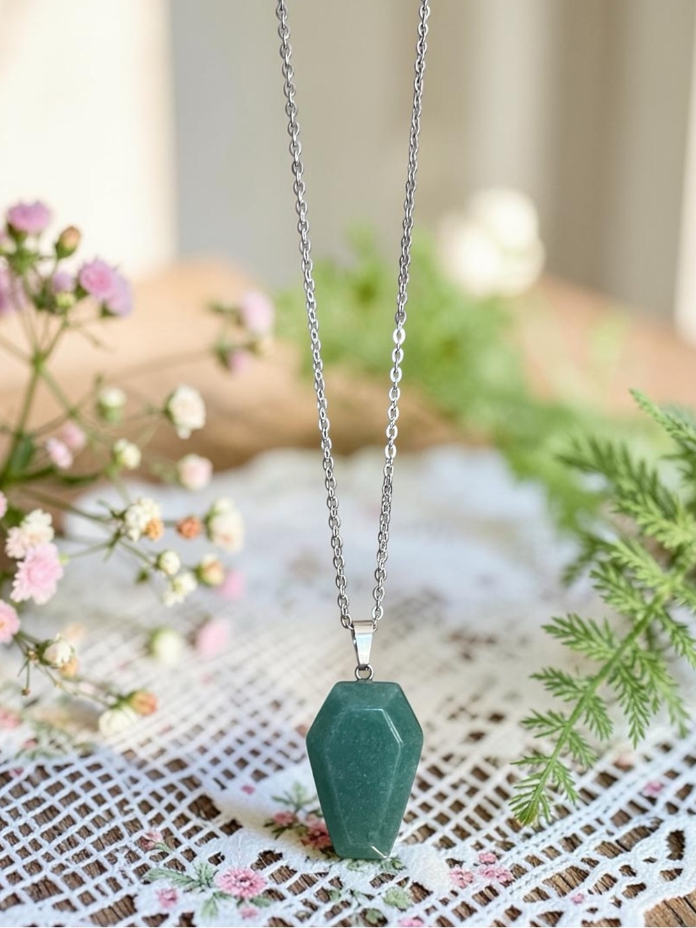 GREEN AVENTURINE natural stone coffin pendant necklace with silver chain NEW